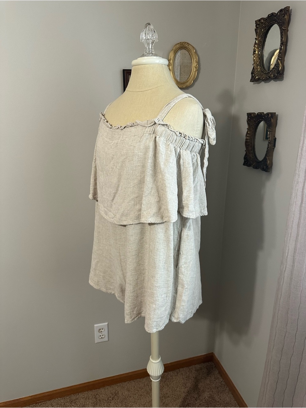 Vici Light Beige Linen Blend Romper with Ruffle Trim - Picture 2 of 6